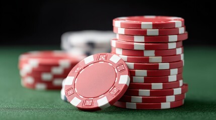 Stacked red poker chips create an exciting atmosphere for gambling and gaming enthusiasts at a casino table