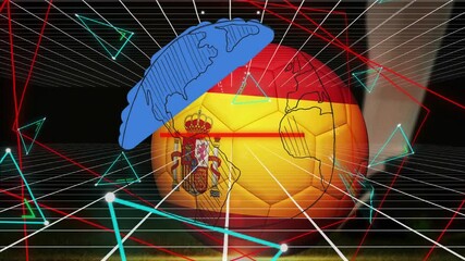 Red beam scanning Spanish-flag ball causing globe continents rotating on grid showing global unity - Powered by Adobe