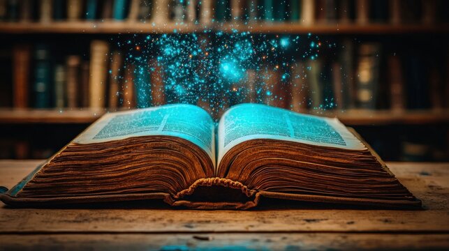 Open ancient book, glowing with magic, in a library - Powered by Adobe