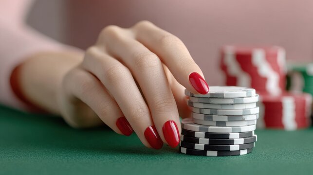 Hand places poker chips on a green felt table during a casino game night with friends - Powered by Adobe