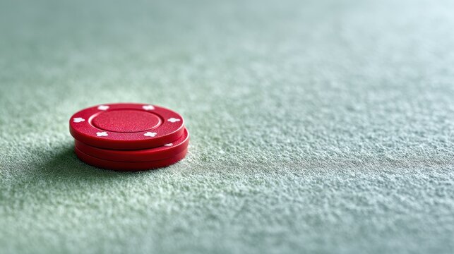 Red poker chip on green felt table during a game night with friends at a local casino