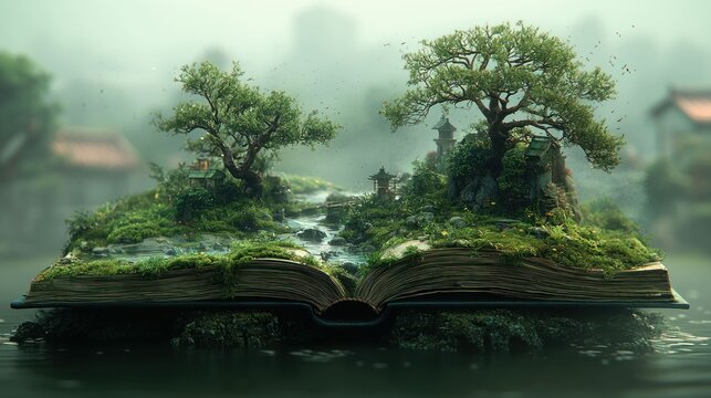 Open book, miniature world, lush green landscape - Powered by Adobe