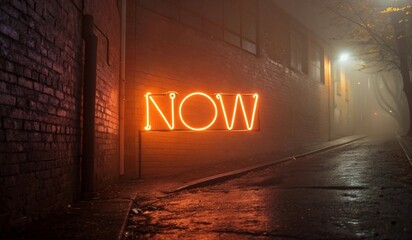 A dimly lit alleyway shrouded in fog features a prominent neon sign spelling NOW in bright orange. The brick wall behind the sign adds texture, while wet pavement reflects the glow, enhancing the atmo