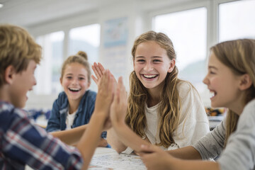 group of teenagers joyfully celebrating their victory in board game surrounded by their friends