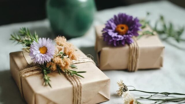 Elegant Gift Wrapping with Natural Flowers and Twine on Table for Eco-Friendly Celebration
