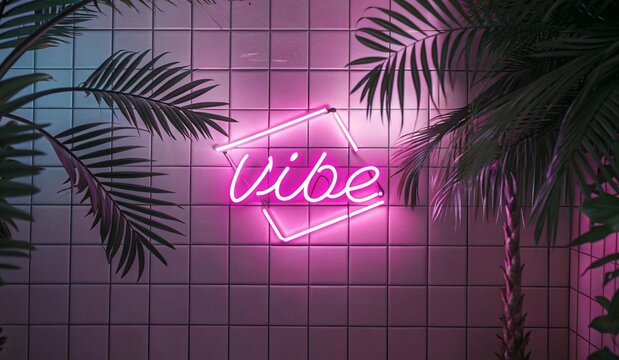 A vibrant neon sign reading Vibe in pink glows against a textured wall, surrounded by lush, colorful tropical leaves. The overall atmosphere is lively and energetic, with a mix of blue and purple ligh - Powered by Adobe