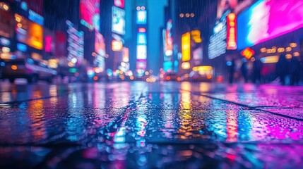 Fototapeta premium Rainy night city lights reflecting on wet pavement