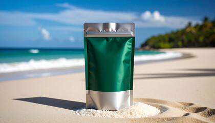 Obraz premium Package on Sandy Beach: A product package stands tall on the shore, with a turquoise ocean as its backdrop, and palm tree, embracing the vibrant coastal scene.