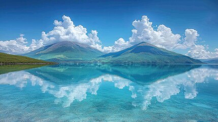 Fototapeta premium Serene lake mirroring mountains and clouds