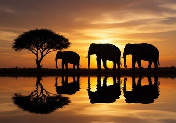 Fototapeta premium Elephants walking by water at sunset with tree silhouette