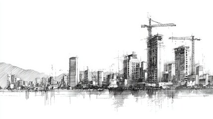 Obraz premium A monochrome sketch of a city skyline featuring tall buildings and cranes, illustrating an urban construction scene.