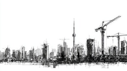 A monochrome sketch of a skyline featuring skyscrapers and construction cranes, highlighting urban development and architectural design.
