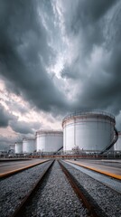 Obraz premium An industrial scene featuring large storage tanks under a dramatic sky, showcasing a perspective view along the railway tracks.