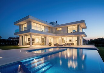 Modern luxury house with swimming pool at dusk
