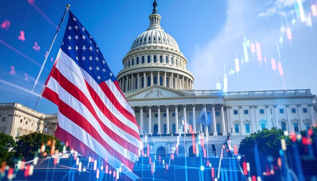 US Capitol Building with American Flag and Financial Data
