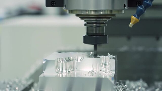 Transparent Block Being Milled by a Machine with Metal Shavings Under Soft Lighting