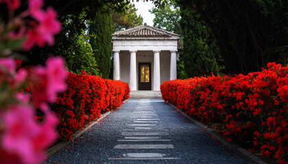 Obraz premium Ancient Temple amidst Crimson Bloom: A serene scene unfolds as a classical temple stands at the end of a pathway lined with vibrant crimson flowers, offering a tranquil setting of the ancient world.