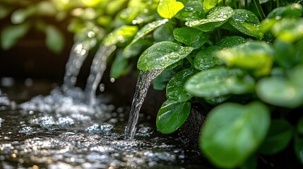 Serene water feature with lush green plants creating a tranquil ambiance outdoors