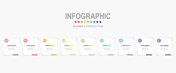 For business concept with 9 steps infographics, rectangle shape with multicolor label, design for workflow layout, diagram, annual report, web design. vector illustration