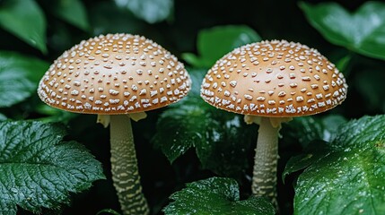 Two Amanita Pantherina Mushrooms Amidst Lush Greenery in a Natural Habitat