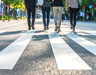 Four people walking across a pedestrian crossing on a sunny day