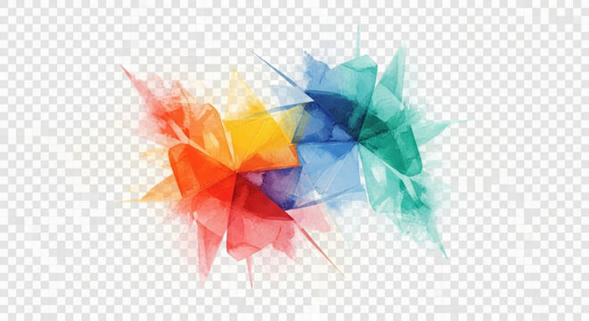 Abstract geometric watercolor background with a vibrant explosion of colorful crystalline shapes and forms on transparent background.