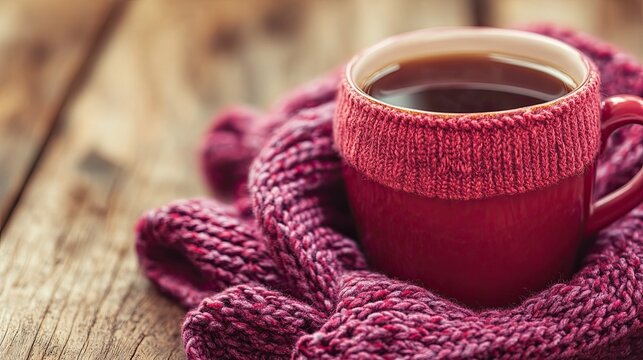 A cup of warm coffee wrapped in a cozy knitted scarf on a wooden table creating a relaxing