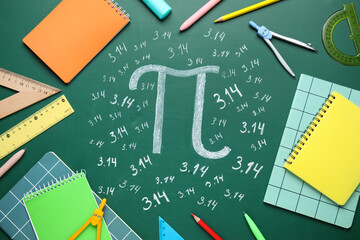 Number Pi and school stationery on green chalkboard