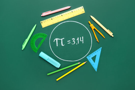 Number Pi drawn in circle and school stationery on green chalkboard