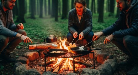 Fototapeta premium Friends Roasting Marshmallows Around Campfire in Forest