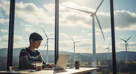 A person working on a laptop in front of a window, with wind turbines visible in the background, indicating an emphasis on sustainable energy 