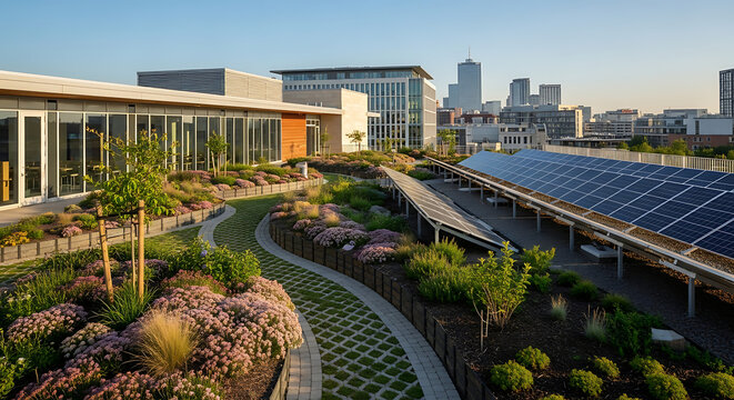 Rooftop garden with solar panels and urban skyline. A rooftop garden with solar panels provides a stunning view of an urban skyline - Powered by Adobe