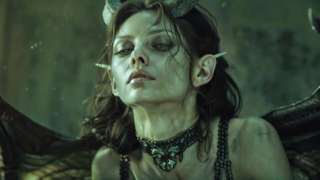 Demonic succubus with horns and wings, gazing intensely with piercing blue eyes. Dark fantasy and gothic aesthetic temptation. Closeup face