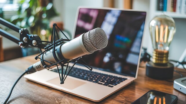 Professional condenser microphone set up for podcasting or recording audio with a laptop and vintage edison bulb in a home studio