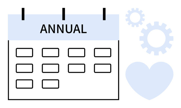 Calendar labeled Annual with rectangular date slots, accompanied by gear shapes and a heart. Ideal for scheduling, planning, productivity, organization, time management, workflow, and annual events