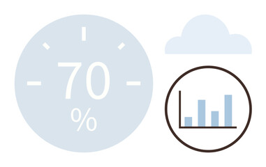 Percentage dial at 70, a bar chart in a circle, and a cloud icon highlight data analysis, measurement, and trends. Ideal for statistics, progress tracking, performance, weather technology business