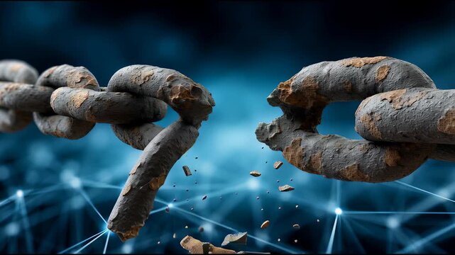 Rusty broken metal chain link breaking apart with flying debris and corrosion in front of digital network background symbolizing disconnection failure technology and communication challenges