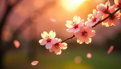 A branch of cherry blossoms with petals falling in the sunlight during the spring season outdoors
