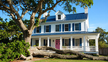 Southern Charm: A picturesque southern home boasts classic architecture. The scene is framed by the sprawling branches of a majestic tree. This image evokes feelings of peace and serenity. 
