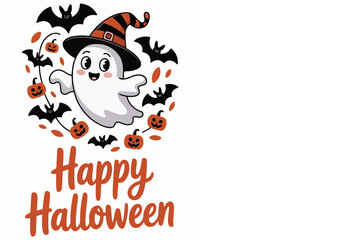 Cute Ghost in Witch Hat with Bats – Happy Halloween Cartoon Vector Illustration