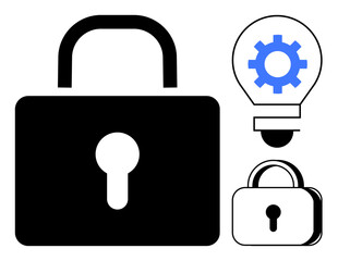 Padlock symbolizing security, lightbulb with gear for innovation and technology, compact lock for privacy. Ideal for cybersecurity, technology, innovation, data protection, privacy, solutions simple