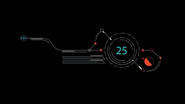 A white line with dots moves across a black background, intersecting with a series of white and red dots and lines. The animation suggests a futuristic, technological interface