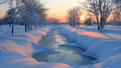 Winter sunrise over a snow-covered stream