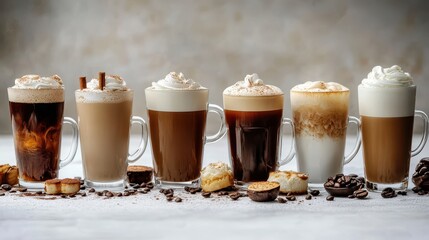 Six mugs of assorted coffee drinks with whipped cream and pastries on white. Perfect for menus, coffee shops, blogs, and promoting a cozy atmosphere.