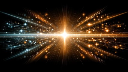 Bright starburst with glowing light rays and sparkling particles golden and blue colors black background creating dynamic radiant cosmic effect with bright shine flare burst glow sparkle rays - Powered by Adobe
