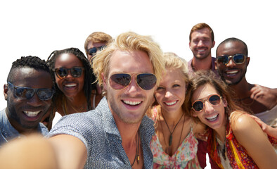 Fototapeta premium Group of friends smiling, taking a selfie together on vacation joy
