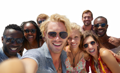 Group of friends smiling, taking a selfie together on vacation joy