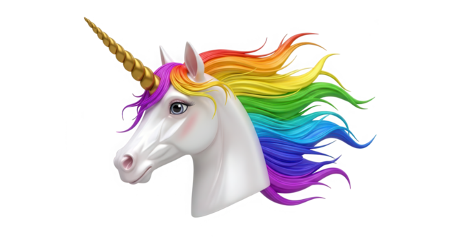 Majestic white unicorn head with a vibrant rainbow mane and golden horn isolated on transparent background