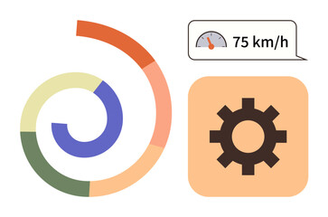 Circular progress chart, speedometer with 75 kmh reading, and gear icon. Ideal for performance, automation, speed, efficiency, monitoring technology progress tracking. Simple flat metaphor