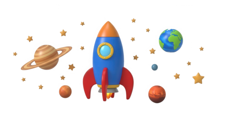 Vibrant cartoon rocket ship soaring through a colorful galaxy with planets and stars isolated on transparent background